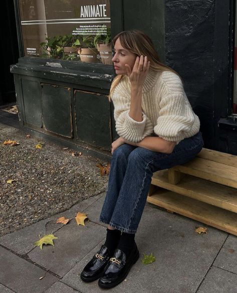 Loafers Outfit Winter, Cream Knitwear, Chunky Loafers Outfit, Loafer Socks, Loafer Outfits, Sweater With Jeans, Split Dress Thigh, Lizzy Hadfield, Dark Floral Dress