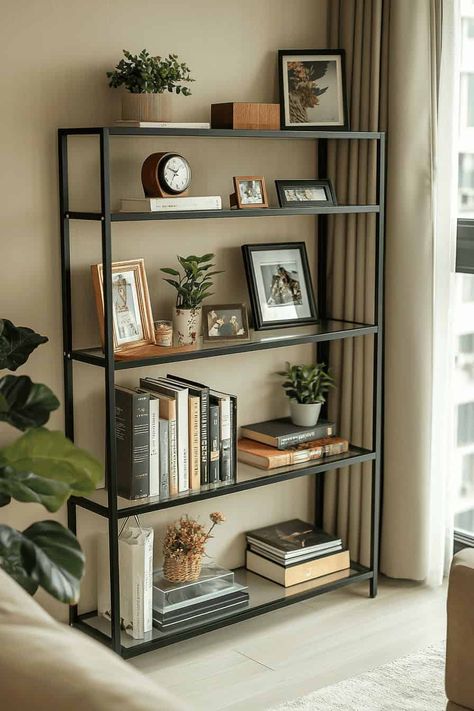 modern bookshelf Small Modern Bookshelf, Mini Library In Bedroom, Mini Library At Home, Wall Bed Office, Bookshelf Ideas Living Room, Space Bookshelf, Small Home Library Ideas, Italian Villa Interior, Small Home Library