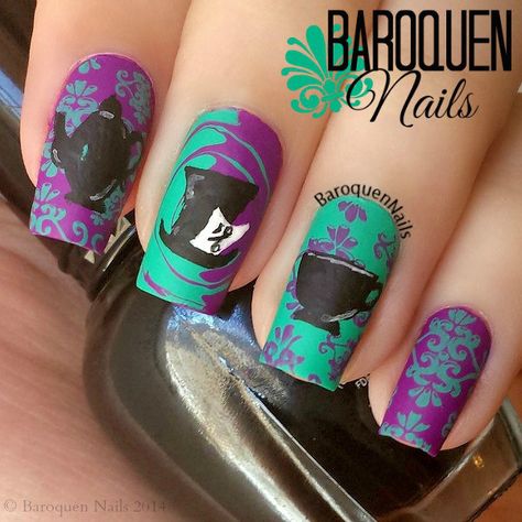 Mad Hatter Nails, Alice In Wonderland Nails, Disney Inspired Nails, Birthday Nail Designs, Themed Nails, Nail Art Disney, Party Nails, Disney Nails, Nails 2020