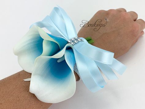 CHOOSE RIBBON COLOR - Aqua Calla Lily Corsage, Real Touch Calla Lily, Real Touch Corsage, Calla Lily Wrist Corsage, Picasso Aqua Corsage by Boukeeps on Etsy Lily Corsage, White Calla Lily Bouquet, Wristlet Corsage, Calla Lily Boutonniere, Corsage Bracelet, Purple Calla Lilies, Mini Calla Lilies, Calla Lily Flowers, Rhinestone Ribbon