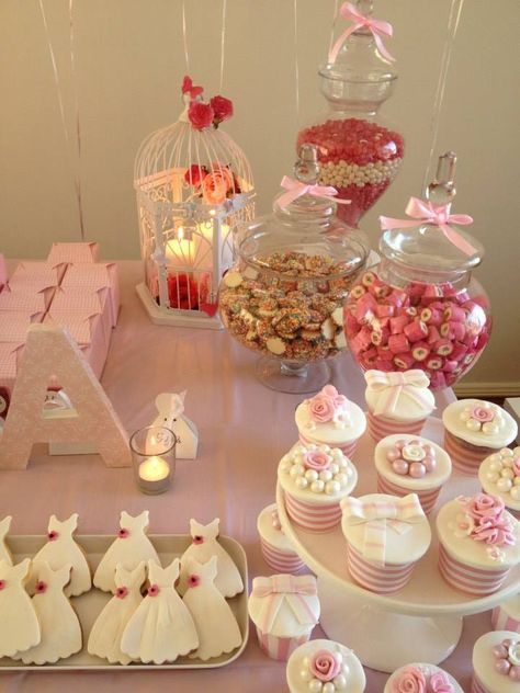 A Very Pretty Candy Buffet. A beautiful Bride to Be's Bridal Shower. Styled  Designed by Oh So Sweet Candy Buffet Styling  Hire. Bride To Be Sweet Table, Bridal Shower Candy Table, Bridal Shower Candy Bar, Buffet Styling, Coquette Birthday, Bride To Be Decorations, Sweet Buffet, Pretty Candy, Bridal Shower Desserts