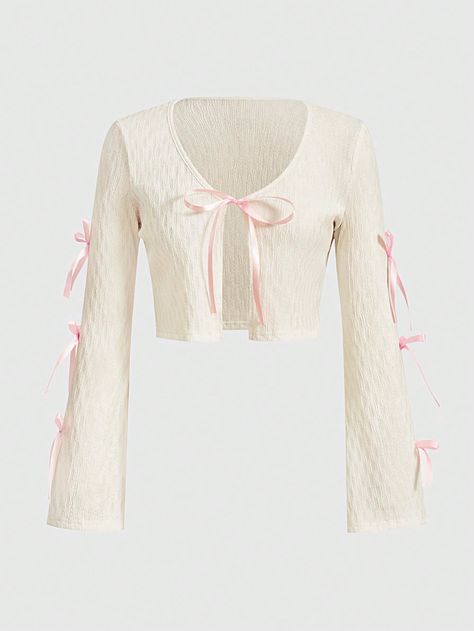 Albaricoque Casual Collar manga larga Tela tejida Liso  Embellished Estiramiento medio Cardigan Top, Inspiration Mode, Women Tops, Long Sleeve Knit, Cute Shirts, Plus Clothing, Aesthetic Clothes, Pretty Outfits, Apricot