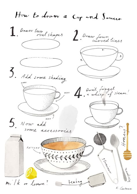 Katrin Coetzer, Watercolor Teacup, Tea Cup Drawing, Learning Drawing, Gouache Paints, Ordinary Life, Watercolor Paintings Tutorials, Pencil And Paper, Tea Art