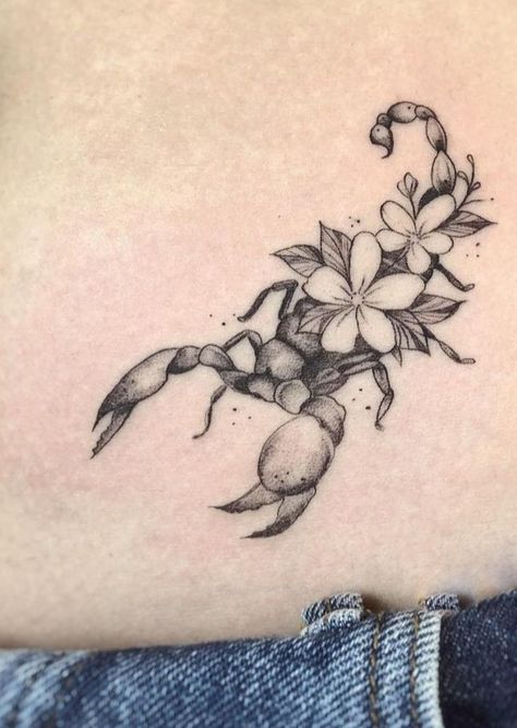 Scorpion Floral Tattoo Design, Scorpion Flower Tattoo Design, Scorpion Tatoos Girly, Floral Scorpion Tattoo, Scorpion Tattoo With Flowers, Flower Scorpion Tattoo, Scorpion And Flower Tattoo, Girly Scorpion Tattoo, Feminine Scorpion Tattoo Ideas