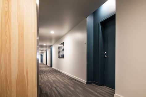 The Fowler | Holst Apartment Corridor Design, Apartment Corridor, Dove House, Hotel Corridor, Live Work Space, Corridor Design, Multifamily Housing, Affordable Apartments, Hospital Interior