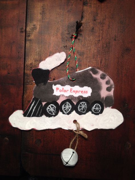 The bell still rings for those who believe! Polar Express footprint art. Teddy Bear Infant Craft, Polar Express Art For Toddlers, Train Footprint Art, Polar Express Toddler Crafts, Art With Infants, Nutcracker Footprint Art, Polar Express Activities For Toddlers, Winter Footprint Art For Babies, Polar Express Crafts For Toddlers