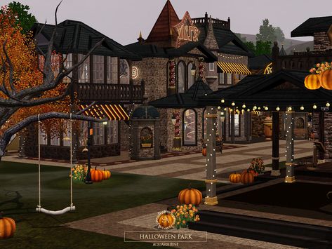 The Sims Resource - Halloween Park Bloxburg House Ideas Halloween Layout, Sims 4 Halloween House, Halloween Bloxburg Builds, Autumn Town Bloxburg, Halloween Carnival Bloxburg, Bloxburg Halloween Haunted House, Halloween Houses Bloxburg, Fall Town Bloxburg, Sims Halloween House