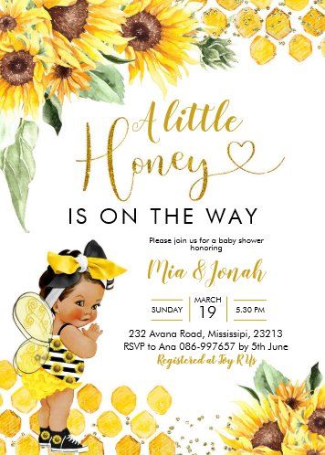 Invitación a Baby Shower de Sunflower Blonde Bee | Zazzle.com Bee And Sunflower Baby Shower Theme, Bees And Sunflowers Baby Shower Theme, Sunflower And Bee Baby Shower Ideas, Sunflower Baby Shower Ideas Girl, A Little Honey Is On The Way, Sunflower Baby Shower Ideas, Bee Shower Theme, Sunflower Blonde, Baby Shower Bumble Bee Theme