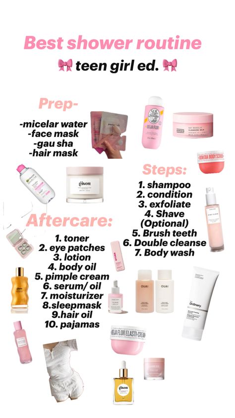 #teen #tween #preppyyy #coquette Pimple Cream, Shower Tips, Shower Routine, Self Improvement Tips, Hair Mask, Body Oil, Body Wash, Body Lotion, Shaving