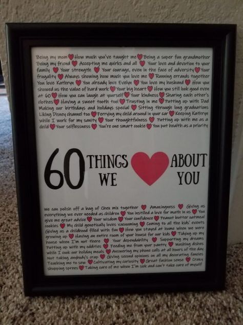 60 Things We Love About You - a great gift idea for Mom, Dad, Grandmother, Grandfather.  This was for my Mom's Birthday this year! Mom 60th Birthday Gift, 60th Birthday Ideas For Dad, 60th Birthday Ideas For Mom, Anniversaire Diy, Gift For Grandmother, Birthday Presents For Mom, Mom Thoughts, Diy Gifts For Mom, Mom's Birthday