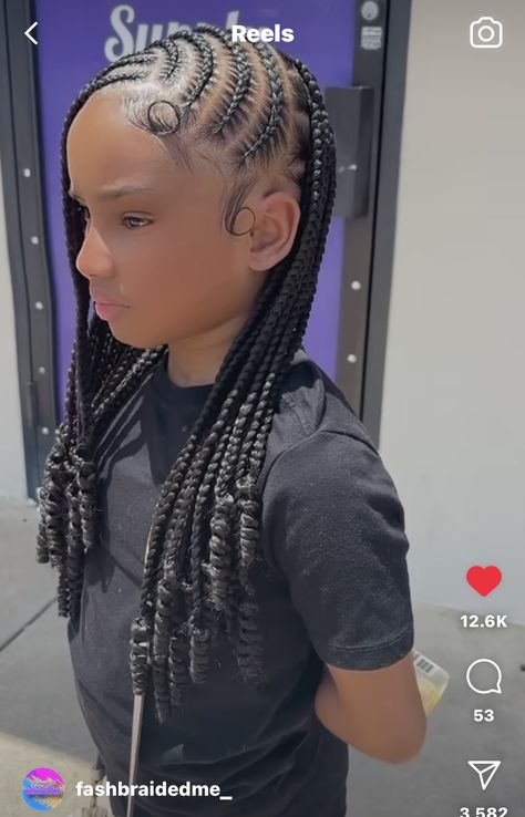 Back To School Hairstyles For 5th Grade, Back To School Hair Styles Black Kids, Kids Stitch Braids Hairstyles, Back To School Braids Hairstyles For Kids, Box Braids And Cornrows Hairstyles, Hair Ideas For School Braids, Cute Kid Hairstyles Braided, Knotless Box Braids With Cornrows Top, Braids For 11 Year Girl