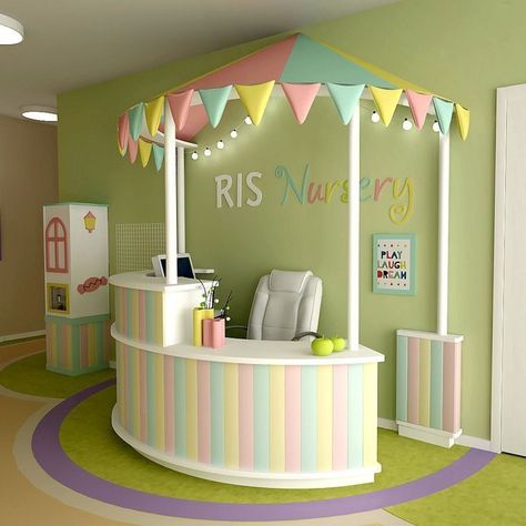 Play Way School Interior, Preschool Front Desk Ideas, Daycare Lobby Ideas Reception Areas, Daycare Lobby Ideas, Kids Salon Ideas Interior Design, Kindergarten Reception Design, Ludoteca Infantil Ideas, Kindergarten Interiors, Preschool Design Interior