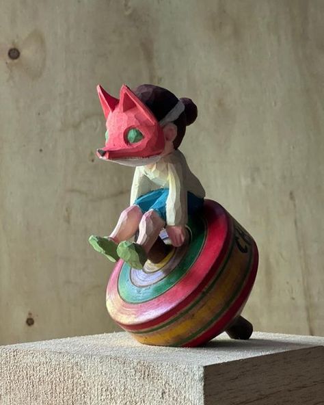 Fox And Moon, Wood Cravings, Wood Figures, Kitsune Mask, Vinyl Art Toys, Toy Sculpture, Rustic Pottery, Wood Carver, Quirky Art