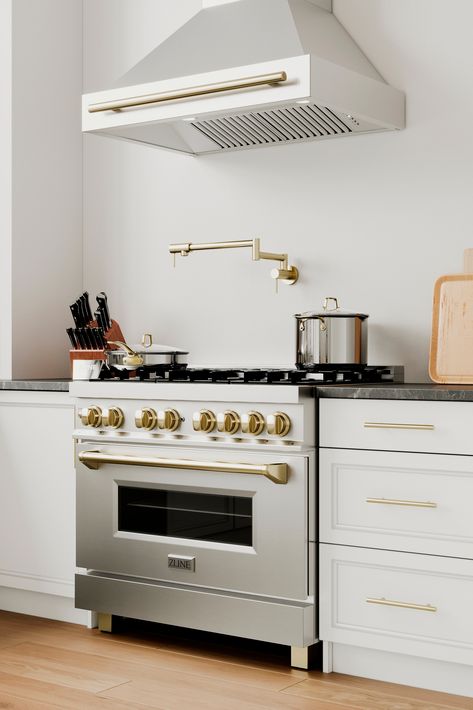 Add a personalized touch to your appliances with ZLINE's Autograph Edition Collection! Pick between polished gold, champagne bronze, and matte black.🌟 Tap to explore ZLINE Autograph Edition Appliances! #kitcheninspo #kitchendesign #gold #kitchenappliances Zline Appliances, Dream Kitchen Layout, Zline Autograph Edition, Modern Kitchen Appliances, Stainless Steel Range, Dual Fuel Ranges, Iron Grate, Digital Thermostat, Gold Champagne