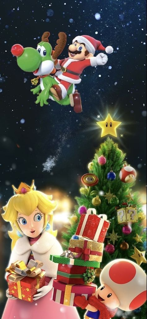 Nintendo Christmas Wallpaper, Mario Christmas Wallpaper, Toad Wallpaper, Super Mario Wallpaper, Nintendo Christmas, Mario Decor, Super Mario Christmas, Mario Wallpaper, Mario Christmas