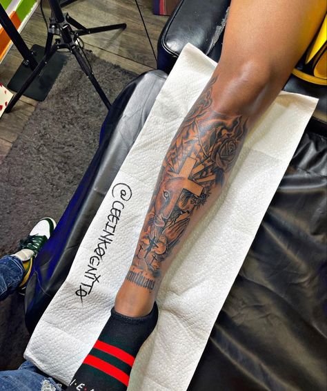 Lower Leg Tattoo Black Women, Half Sleeve Tattoos For Women Stencil, Christian Leg Sleeve Tattoos, Shin Tattoo Women, Christian Leg Tattoos Women, Shin Tattoos For Men, Feet Tattoos For Men, Half Leg Tattoo Men Sleeve, Leg Tats For Women