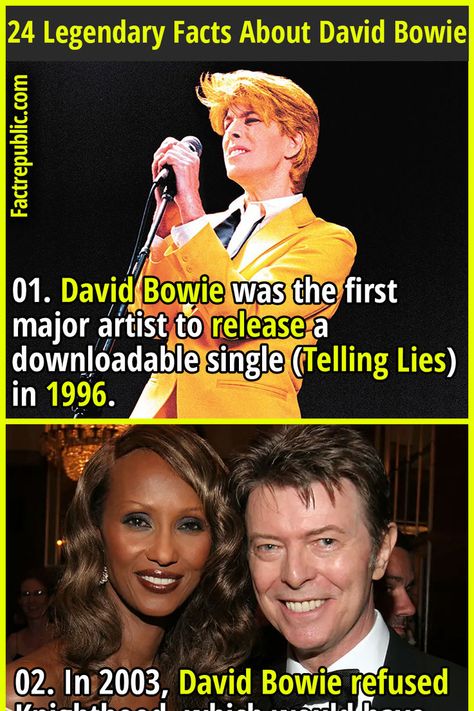 01. David Bowie was the first major artist to release a downloadable single (Telling Lies) in 1996. #popular #famous #celebrity #singer #davidbowie David Bowie Symbols, David Bowie Aesthetic Outfit, David Bowie Funny, David Bowie Young Americans, David Bowie Aesthetic, David Bowie Album Covers, David Bowie Quotes, Queen David Bowie, Bowie Low