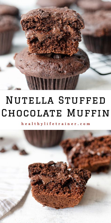 Nutella Stuffed Chocolate Muffin Recipe-Healthy Life Trainer Nutella Recipe, Delicious Muffins, Nutella Muffins, Chocolate Muffin Recipe, Chocolate Muffin, Muffins Recipes, Chocolate Dishes, Healthy Muffin Recipes, Amazing Desserts