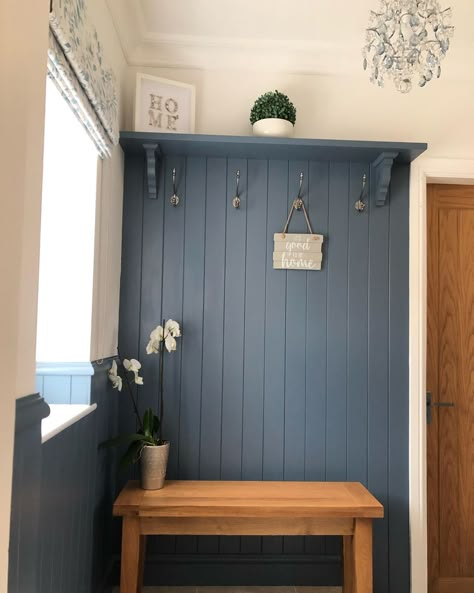 Tongue And Groove Entrance Hall, Tongue And Groove Panelling With Shelf, Panelling Utility Room, Tongue And Groove Walls Hallway, Tongue Groove Panelling, Blue Panelling Hallway, Small Hallway Panelling Ideas, Panelled Entryway, Hallway Panelling Coat Hooks