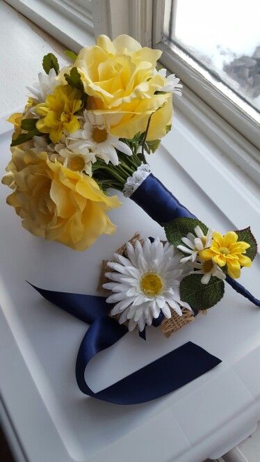 Yellow Alice rose, white daisy, and daisy mum wedding bouquet wrapped in white lace and navy satin with corsage with ribbon tie and matching boutonnier Mum Wedding Bouquet, White Prom Bouquet, Corsage With Ribbon, Prom Flowers Bouquet, Mum Wedding, Light Yellow Dresses, Alice Rose, Prom Bouquet, Navy Ribbon