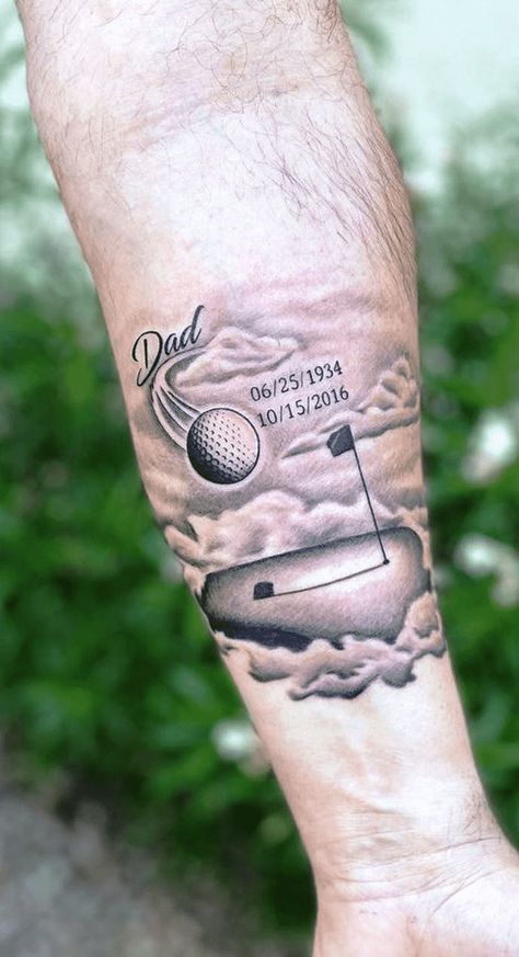 Golf Tattoo Design Images (Golf Ink Design Ideas) Golfing Tattoo Memorial, Golf Memorial Tattoo Ideas, Golf Tattoo Memorial, Golf Ball Tattoo Ideas, Disc Golf Tattoo Ideas, Golf Club Tattoo Ideas, Golf Ball Tattoo, Golf Club Tattoo, Golf Tattoo For Women