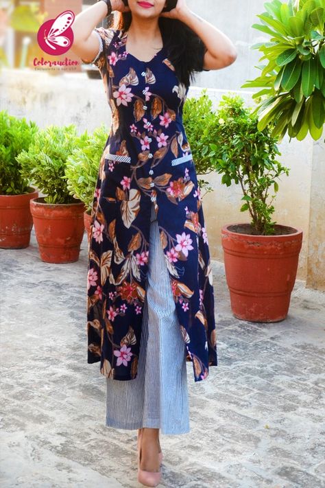 Navy Blue & White Printed Floral Cotton Kurti Set White Cotton Kurti, Cotton Kurti Set, Office Wear Dresses, Set Kurti, Kanjivaram Sarees Silk, Kurti Sets, Women Kurta, Long Kurti, Sarees Silk