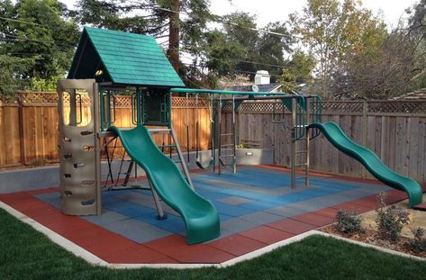 Diy Outdoor Playground, Playground Flooring Outdoor, Playground Backyard Diy, Rubber Tiles Playground, Kid Friendly Backyard, Playground Landscaping, Rubber Playground, Playground Flooring, Play Area Backyard