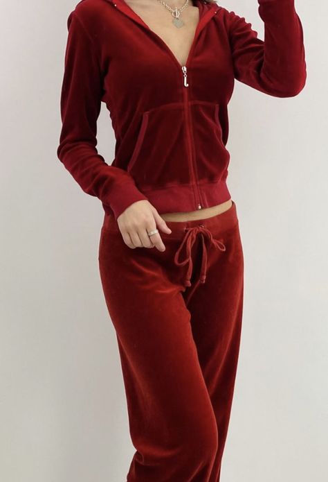 90s Aesthetic Outfit, Dark Red Outfit, Juicy Couture Clothes, Juicy Tracksuit, Red Tracksuit, Juicy Couture Tracksuit, Tracksuit Outfit, 2000s Clothes, Velour Tracksuit