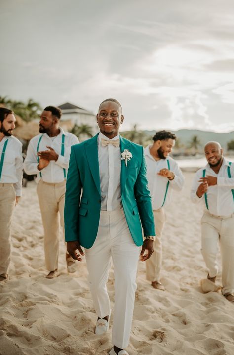 Lesley wore a teal suit with champagne bowtie for his destination wedding at Secrets Wild Orchid Montego Bay. Teal Groomsmen, Teal Dress For Wedding, Cherry Blossom Wedding Theme, Teal Suit, Wedding Suits Groomsmen, Destination Wedding Decor, Beach Wedding Colors, Cherry Blossom Wedding, Destination Wedding Dress