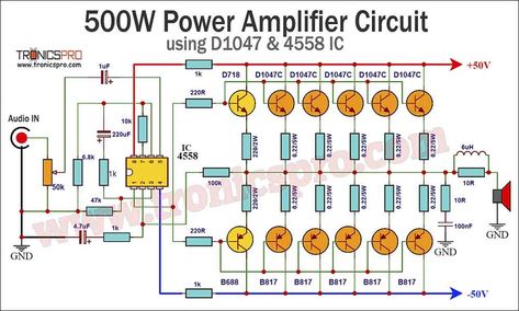 500W Amplifier Circuit Diagram using D1047 B817 & 4558 IC Amplifier Circuit Diagram, Power Amplifier Audio, Amplifier Design, Amplificatori Audio, Electronics Projects For Beginners, Stereo Amp, Mini Amplifier, Hifi Amplifier, Amplifier Audio