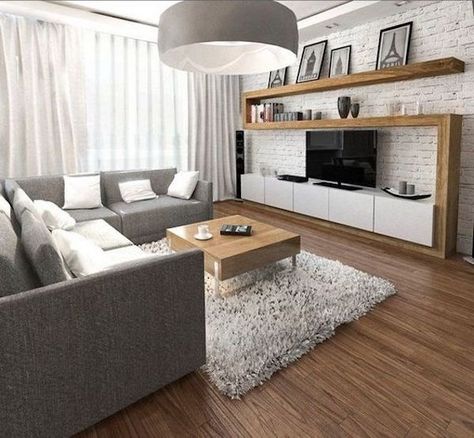 Brick Wall Living Room, Apartemen Studio, Flat Screen Tv, Trendy Living Rooms, Living Room Tv Wall, Living Room White, Living Room Grey, New Living Room, A Living Room