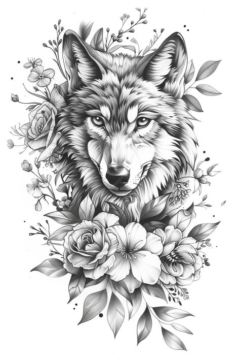 Premium Photo | A wolf with flowers baclground Wolf Flowers Tattoo, Wolf In Flowers Tattoo, Wolf And Flowers Tattoo For Women, Wolf Hand Tattoos For Women, Wolf Tattoo With Flowers, Wolf Flower Tattoo Design, Wolf Tattoo Design For Women, Wolf Sleeve Tattoo, Tattoo Wolf