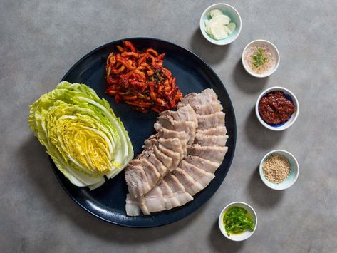 Bo Ssam Recipe, Korean Boiled Pork Belly, Bossam Korean Pork Belly, Bossam Korean, Shrimp Dips, Belly Wraps, Salted Shrimp, Korean Chili Flakes, Pickled Radish