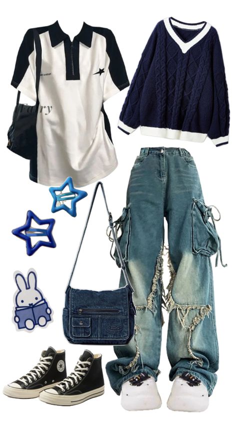 blue aesthetic outfit Blue Goblincore Outfit, Navy Blue Grunge Outfit, Blue Grunge Aesthetic Outfit, Blue Goth Aesthetic Outfits, Grunge Blue Outfit, Blue Fits Aesthetic, Dark Blue Outfit Ideas, Blue Grunge Outfit, Juminocore Outfit