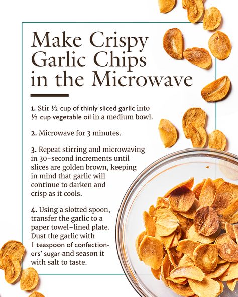 The amount of effort it takes to make golden, crisp garlic chips is tiny in comparison to their power to elevate your meals. Here’s how to make garlic chips in the microwave. Garlic Chips, Fried Garlic, Crispy Garlic, Cooking App, America's Test Kitchen Recipes, Illustrated Magazine, Garlic Fries, Cooks Illustrated, Garlic Recipes