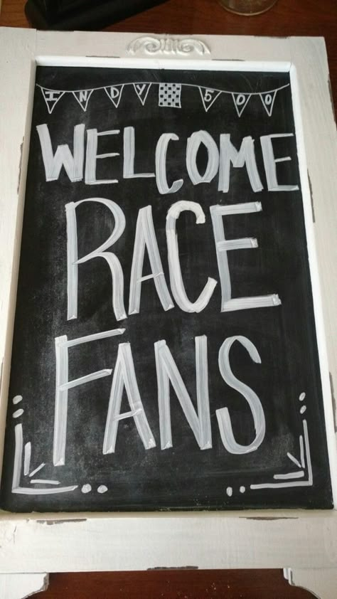 Indy 500 decor. Chalkboard art. Race Car Chalkboard Art, Diy Racing Party Decorations, Daytona 500 Party Ideas, Nascar Birthday Party Decorations, Indy 500 Party Ideas, Indy 500 Decorations, Dale Earnhardt Birthday Party, Indy Decor, Nascar Birthday Party