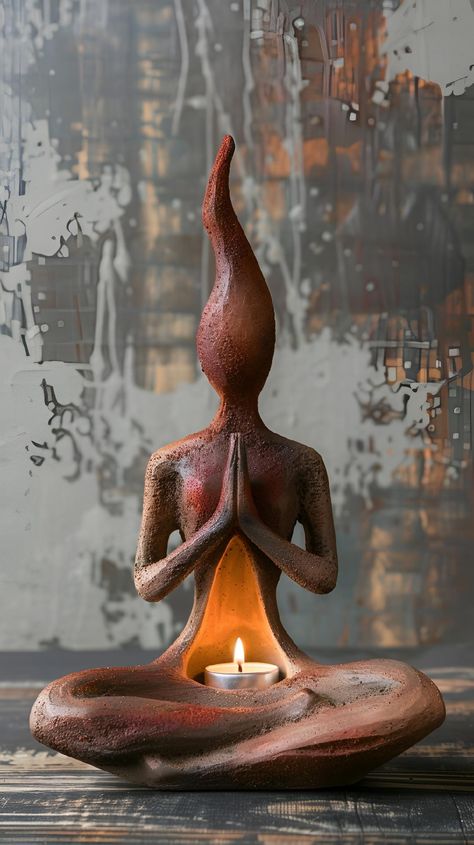 Discover modern tranquility with this abstract humanoid sculpture. Featuring a slender head and serene meditative posture, its prayer-like hands hold a tea light candle, evoking a sense of calm. Save & follow for more inspiring art! #ModernArt #HomeDecor #Tranquility #ArtPrint #SculptureArt #AbstractArt #MeditativeArt #imageprompt #Aiimage Pagan Crafts, Ceramic Art Sculpture, Relief Sculpture, Ceramic Candle, Wood Carving Art, Clay Art Projects, Pottery Designs, Sculpture Clay, Spiritual Art