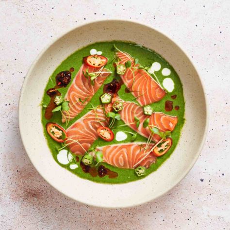 Salmon Crudo, Salmon Starter, Thai Salmon, Raw Seafood, Green Curry Sauce, Marion Grasby, Marion's Kitchen, Salmon Spinach, Raw Salmon