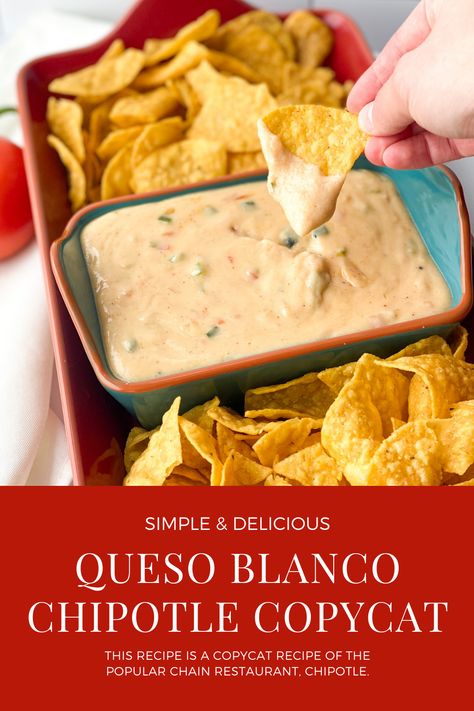 This Queso Blanco Chipotle Copycat recipe is one that truly hits the spot! It’s creamy and warm, with just the right amount of flavor. This recipe is a copycat recipe of the popular chain restaurant, Chipotle. It’s a white cheese dip that pairs very well with tacos, burritos, or even salads but is most popularly served with tortilla chips as a side dish. Copycat Chipotle Queso Blanco, Chipotle Queso Blanco Recipe, Chipotle Queso Recipe, Chipotle Queso, Chipotle Copycat Recipes, Chipotle Copycat, Dirty Fries, White Cheese Dip, White Queso Dip