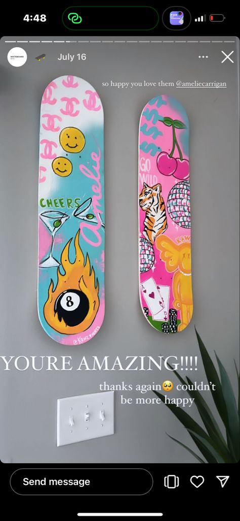 Painting Skateboards Ideas Aesthetic, Bedroom Art Collage, Skateboard Designs Aesthetic, Skateboard In Room, Spray Paint Room Wall Art Aesthetic, Skate Board Paintings, Painted Skateboard Wall Art, Painting A Skateboard, Painted Skateboard Aesthetic