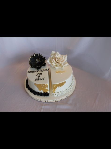 Black peonie with Gold leaf. Split celebration cake. Golden anniversary and 70th birthday cake. 3rd Anniversary Cake, Anniversary And Birthday Cake Combined, Double Birthday Cake Man And Woman, Split Cake Design, Twin Birthday Cakes For Adults, White And Gold 70th Birthday Cake, 60th Diamond Jubilee Birthday Cake, Black And Gold Cakes For Ladies, Twins 50th Birthday Cake