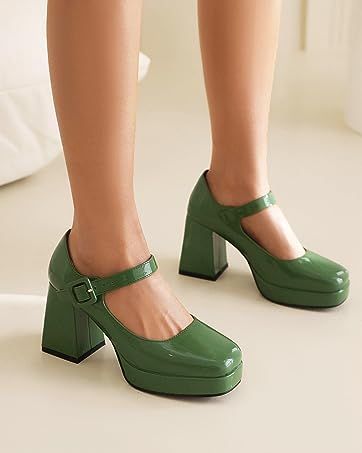 Women's Platform Chunky Block Mary Jane Heels Square Toe Dress Pumps Shoes Chunky Green Heels, Formal Platform Shoes, Chunky Heel Outfit, Green Mary Jane Shoes, Green Mary Janes, Mary Jane Platforms, Mary Shoes, Dr Aesthetic, Heel Mary Janes