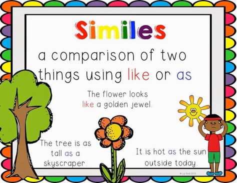 Similes Anchor Chart Similes Anchor Chart, Simile Examples With Pictures, Simile Anchor Chart, Simile Vs Metaphor Anchor Chart, Simile And Metaphore Activities, Simile Metaphor Personification, Simile Worksheet, English Handwriting, Chart School