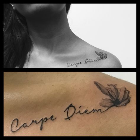 Flower and text tattoo. Carpe Diem. Tattoo Carpe Diem, Clavicle Tattoo, Mama Tattoo, Wanderlust Tattoo, Black Watercolor, Text Tattoo, Dainty Tattoos, Compass Tattoo, Shoulder Tattoo