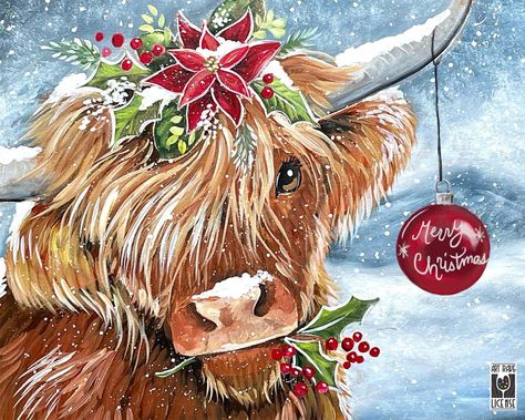 Christmas Cow Pictures, Simple Highland Cow Painting, Christmas Highland Cow Painting, Painted Highland Cow, Christmas Cow Painting, Christmas Cows, Christmas Highland Cow, Christmas Sip And Paint Ideas, Christmas Cow