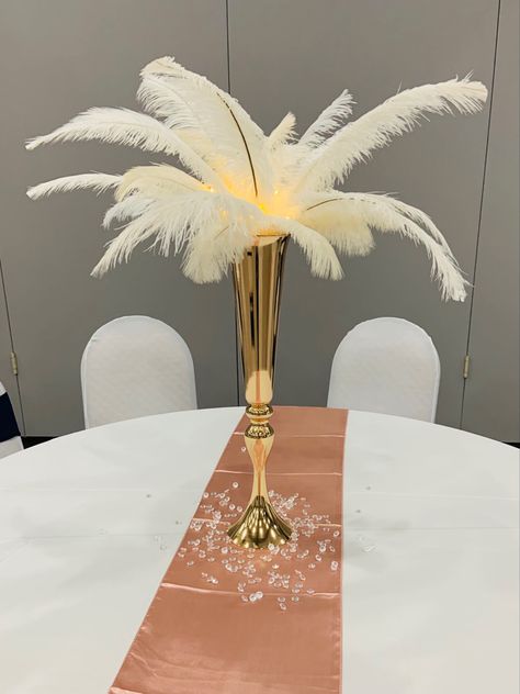 White And Gold Feather Centerpieces, Feather Centerpieces For Party, Centerpieces With Feathers, Feather Centerpieces Diy, Feather Table Centerpieces, Simple Elegant Centerpieces, Twig Centerpieces, Mask Invitations, 2025 Graduation