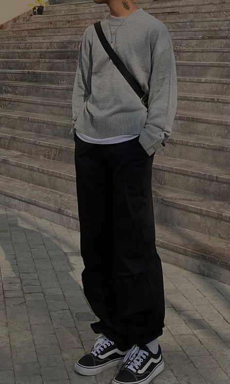 random fit i put together grey knit pullover black prachute pants vans old skool #fyp #ootd #aesthetic #fashion Vans Outfit Men Winter, Old Skool Vans Outfit Aesthetic, Vans Old Skool Aesthetic, Grey Streetwear Outfit, Vans Outfits Men, Grey Sweater Outfit Mens, Grey Knit Sweater Outfit, Vans Aesthetic Outfit, Black Trousers Outfit Man