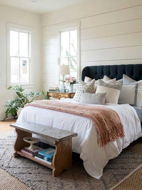 Shiplap has become a hugely popular wall paneling idea that adds interest and character to any room. Although it's most closely associated with farmhouse style, shiplap walls aren't limited to rustic designs. #accentwallideas #wallpanelingideas #accentwall #bhg Blue And Pink Bedroom, Modern Bedroom Colors, White Wall Bedroom, Country Style Interiors, White Rooms, Creative Wall, Ship Lap Walls, Bedroom Colors, Simple Decor