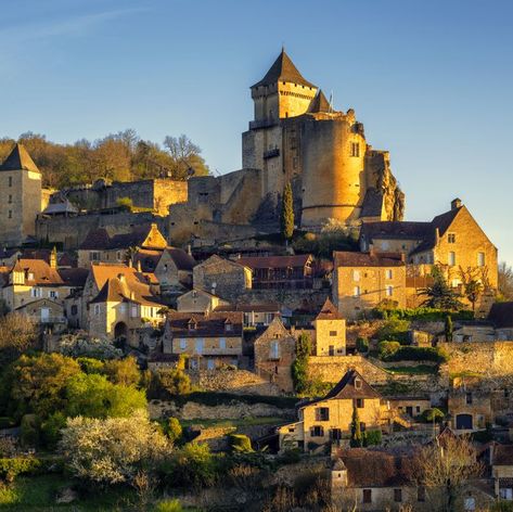 Castlenaud castle and village on hill France Castle And Village, Dordogne River, Dordogne France, Glass Elevator, Medieval Architecture, Air Balloon Rides, Large Animals, Aerial View, The Great Outdoors