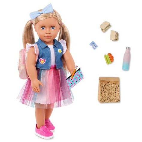 Pink School Bags, Our Generation Doll Accessories, Blonde Hair Types, Og Dolls, Eye Color Blue, Our Generation Doll, Rainbow Skirt, Blonde Wavy Hair, Backpack Accessories